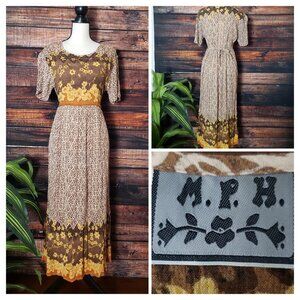 M.P.H. Vintage Midi Dress Medium Beaded Hippie Boho Tie Back Short Sleeve Rayon